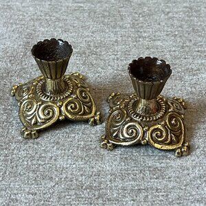 2 Vintage Brass Candle Holders Square Ornate Design Israel Shabbat Judaism